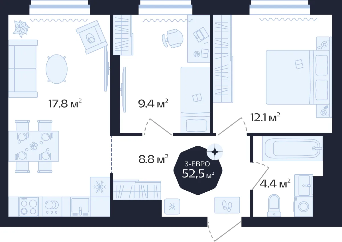 Планировка: Евро 3-комнатная · 52,5 м²