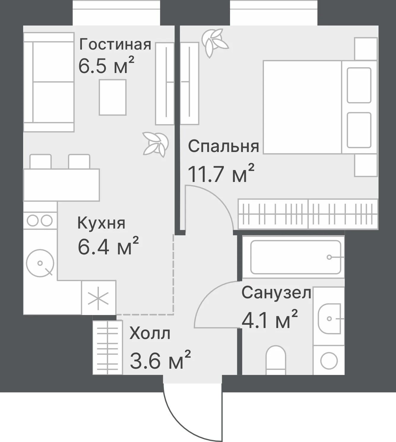 Планировка: Евро 2-комнатная · 32,2 м²