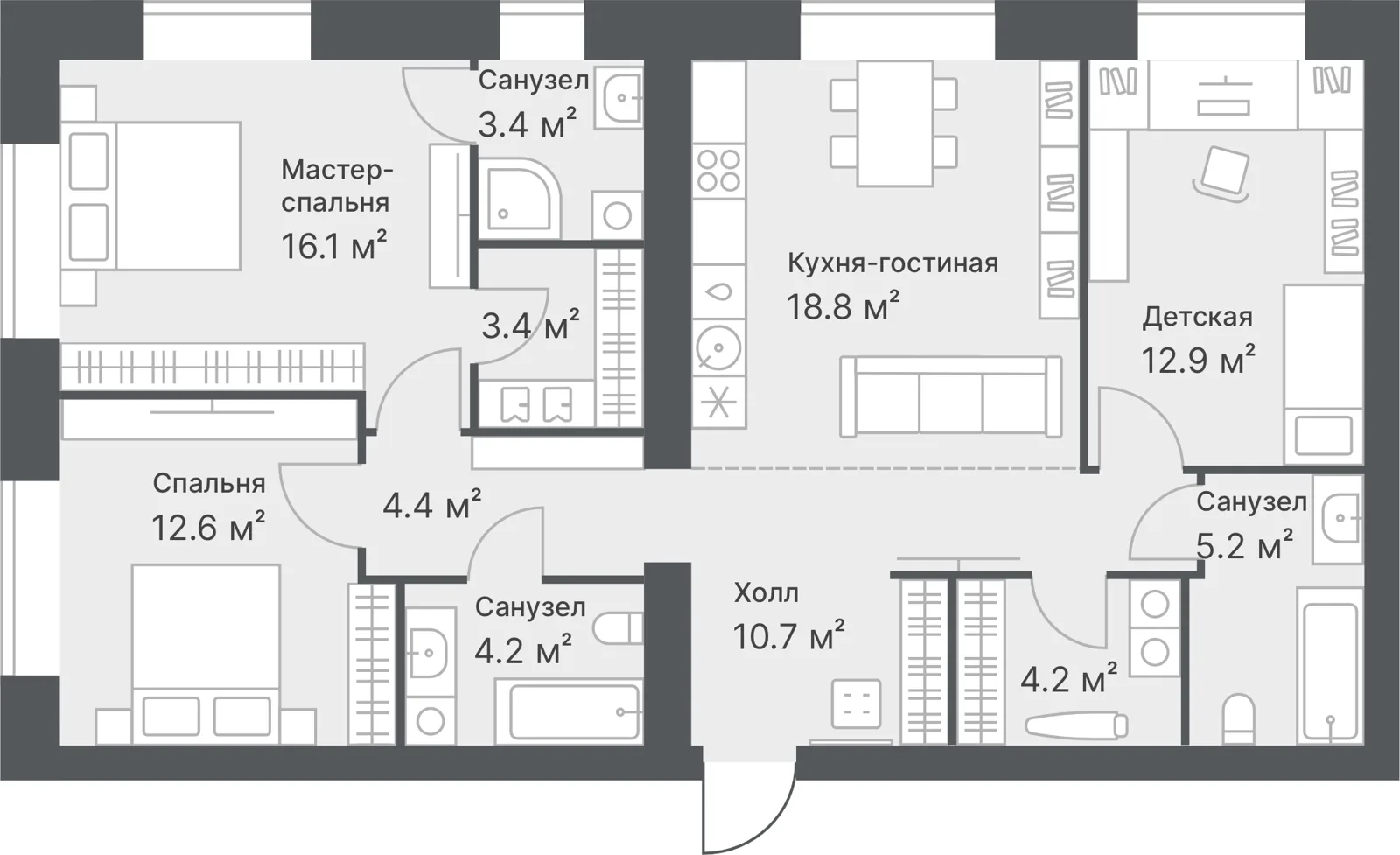Планировка: Евро 4-комнатная · 95,9 м²