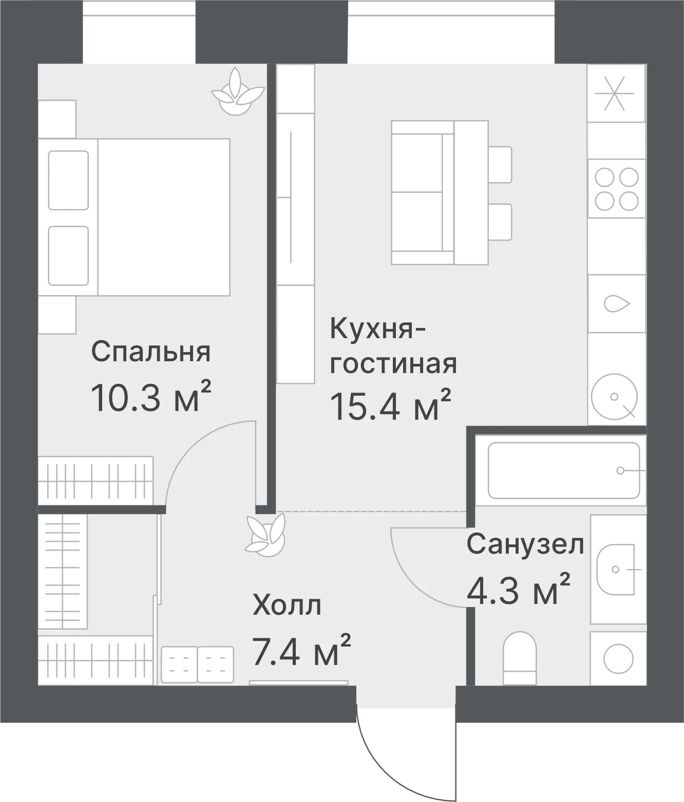 Планировка: Евро 2-комнатная · 37,4 м²