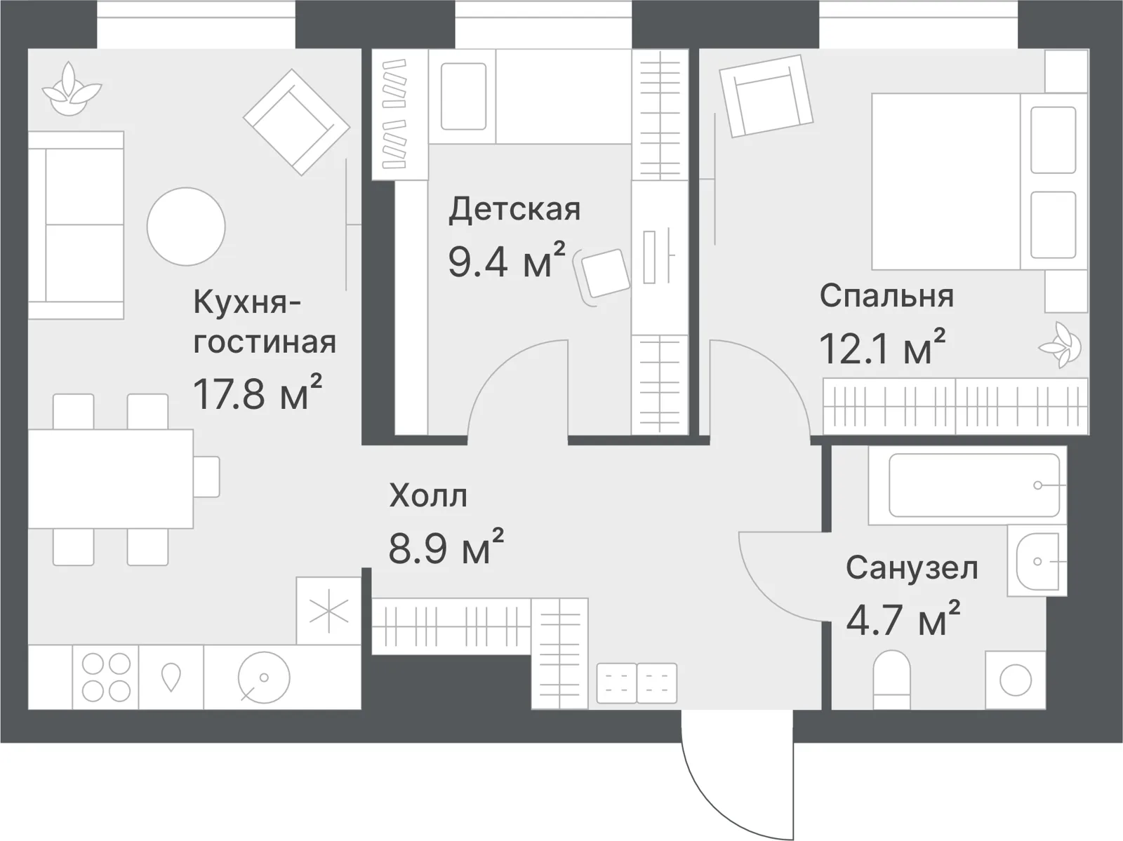 Планировка: Евро 3-комнатная · 52,9 м²