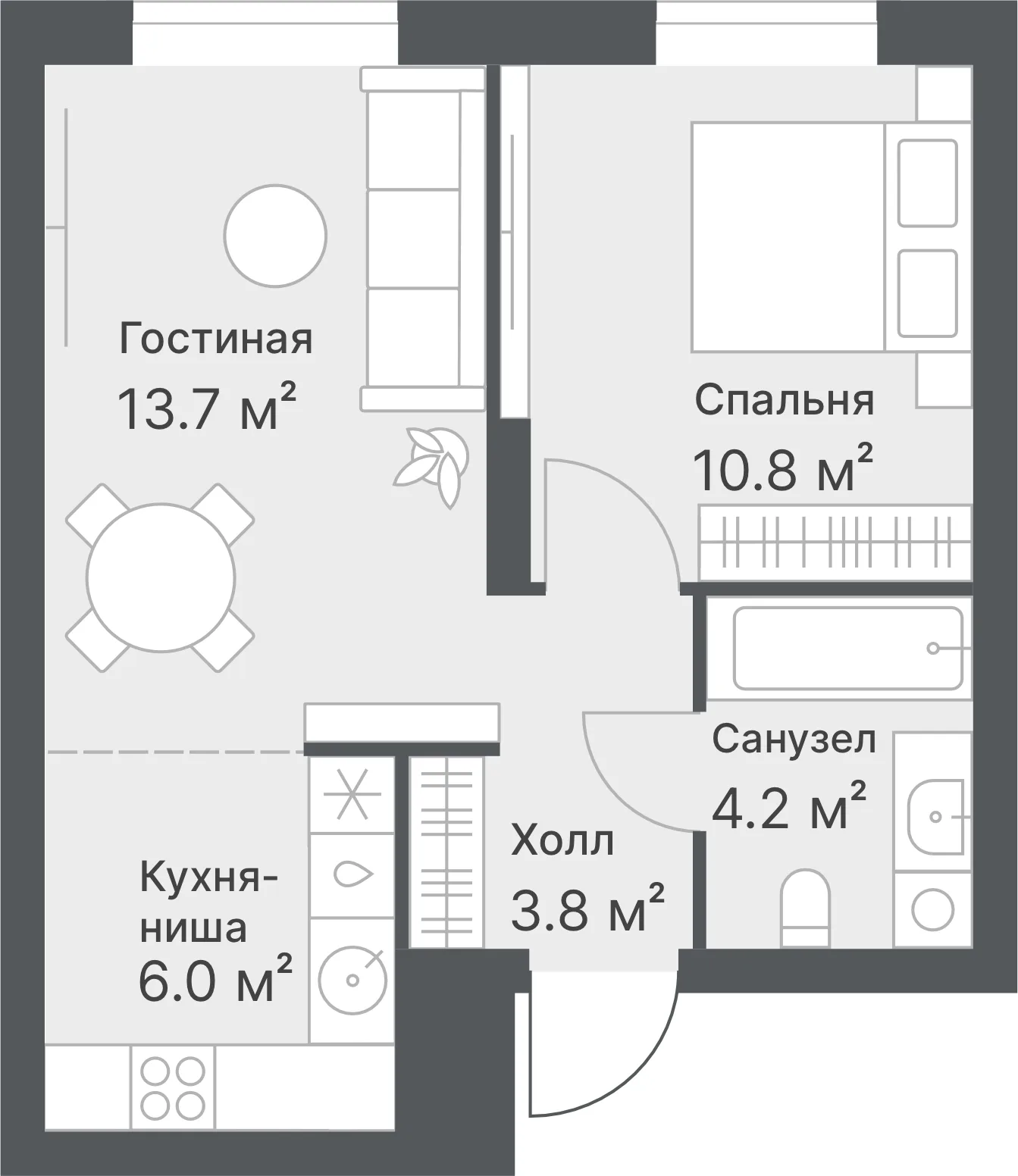 Планировка: Евро 2-комнатная · 38,5 м²