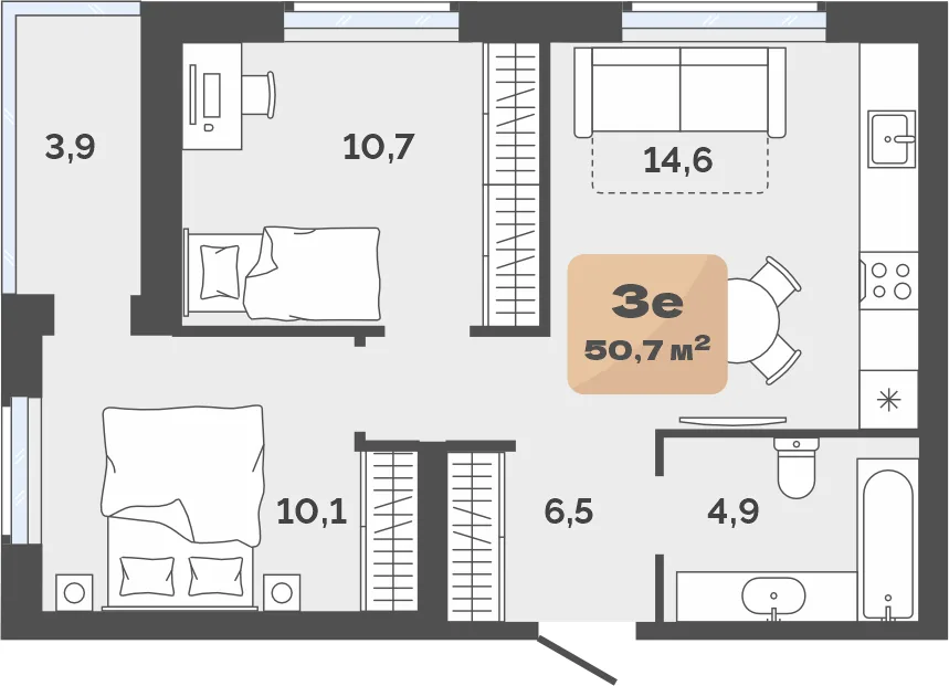 Планировка: Евро 3-комнатная · 48,75 м²