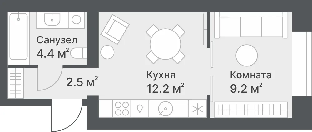 Планировка: 1-комнатная · 28,3 м²