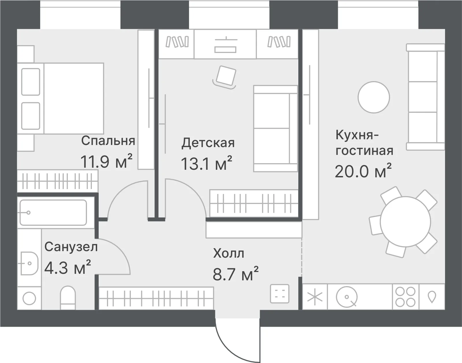 Планировка: Евро 3-комнатная · 58 м²