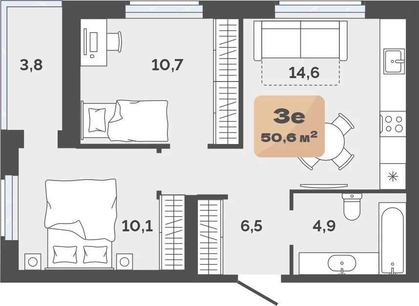 Планировка: Евро 3-комнатная · 46,8 м²