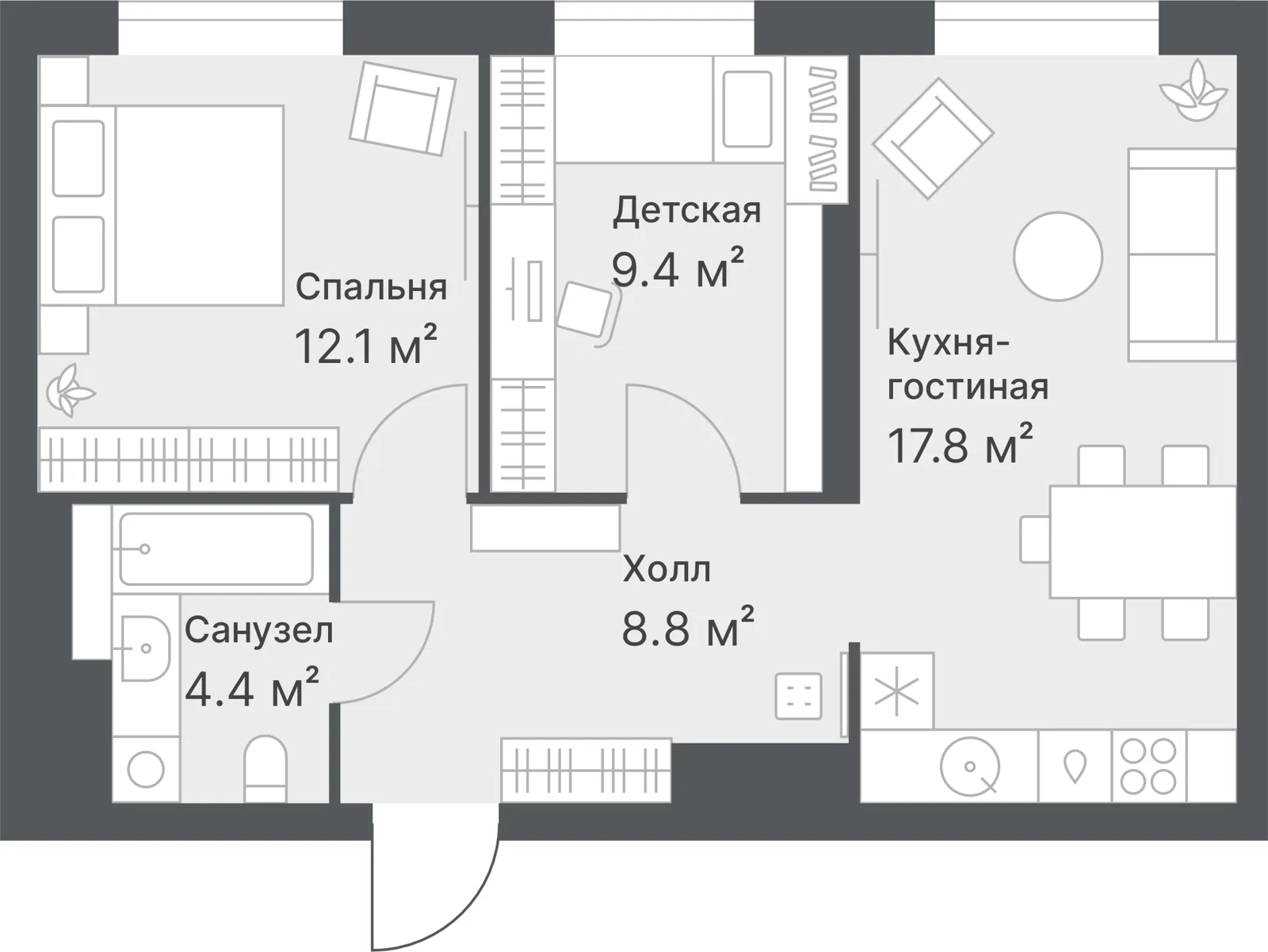 Планировка: Евро 3-комнатная · 52,5 м²