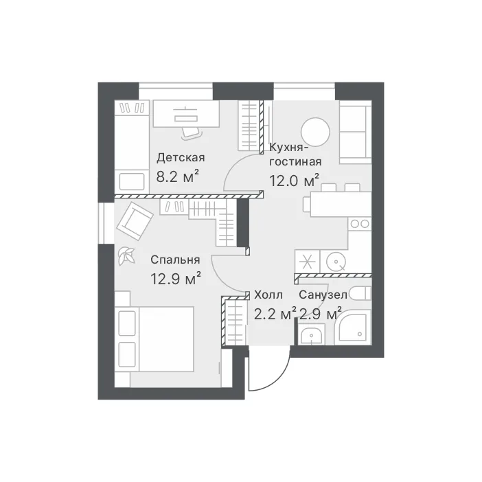 Планировка: Евро 3-комнатная · 38,2 м²