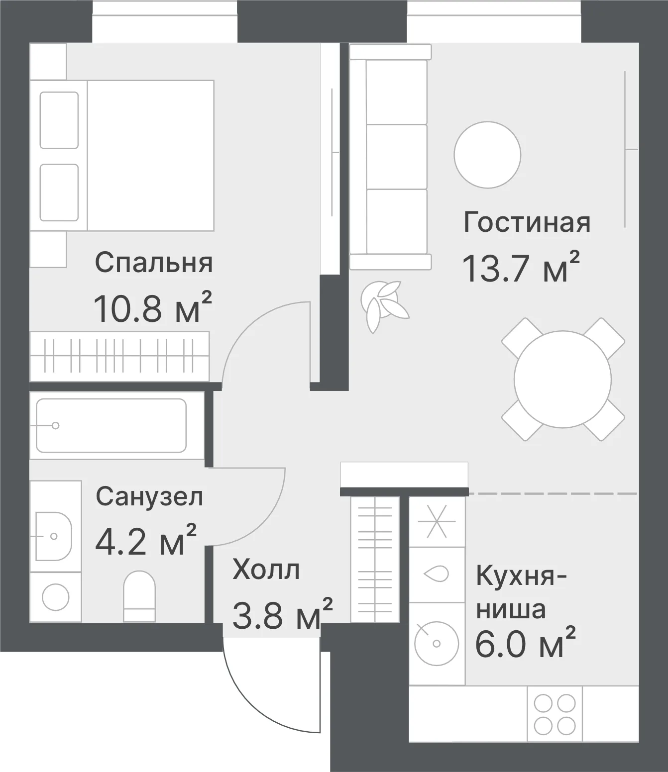 Планировка: Евро 2-комнатная · 38,1 м²