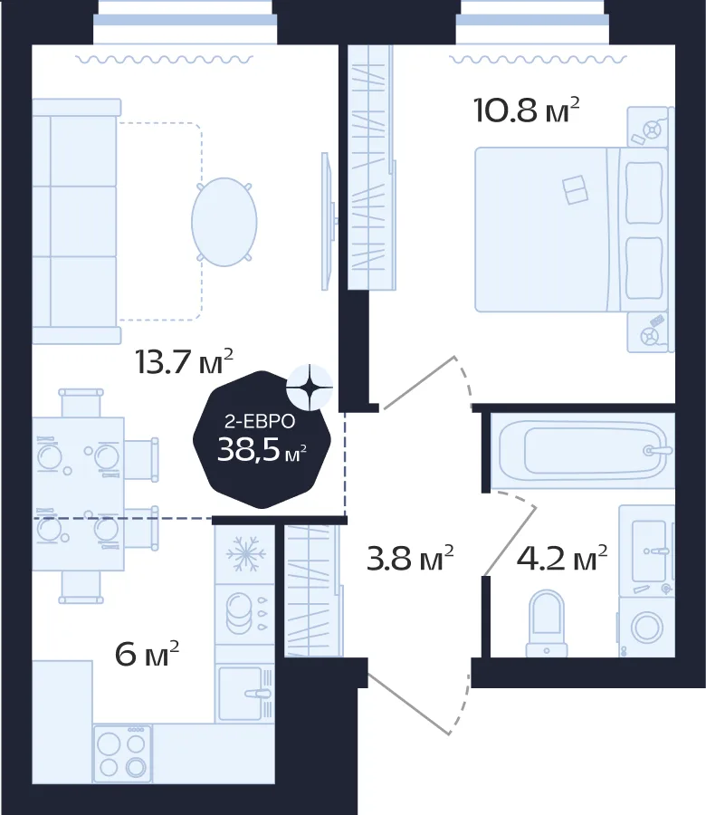 Планировка: Евро 2-комнатная · 38,5 м²