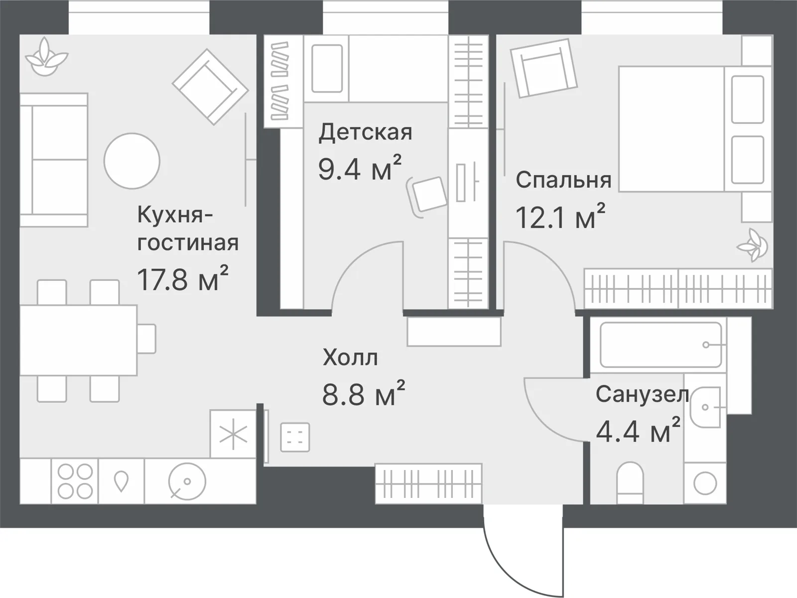Планировка: Евро 3-комнатная · 52,5 м²