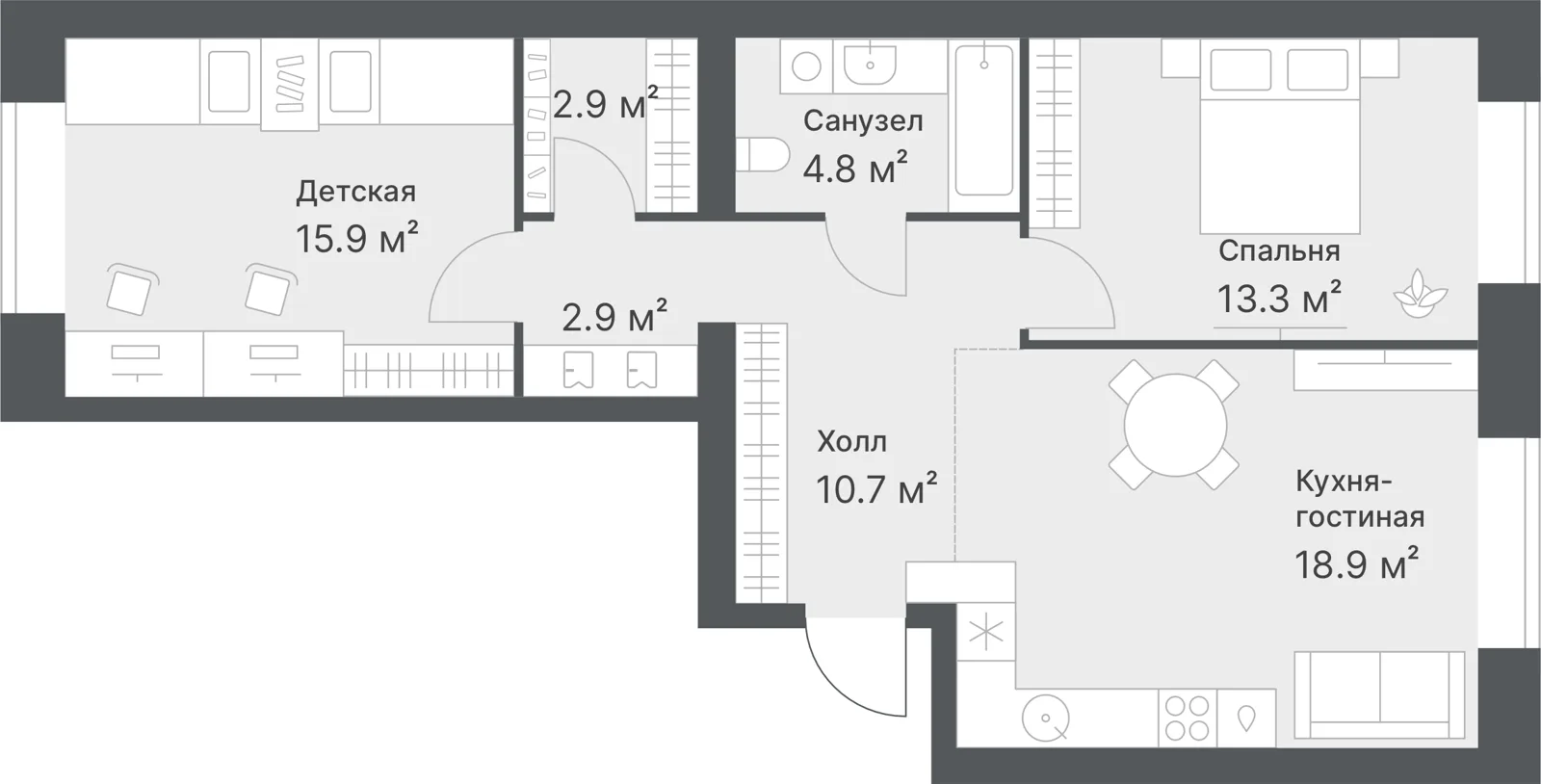 Планировка: Евро 3-комнатная · 69,4 м²