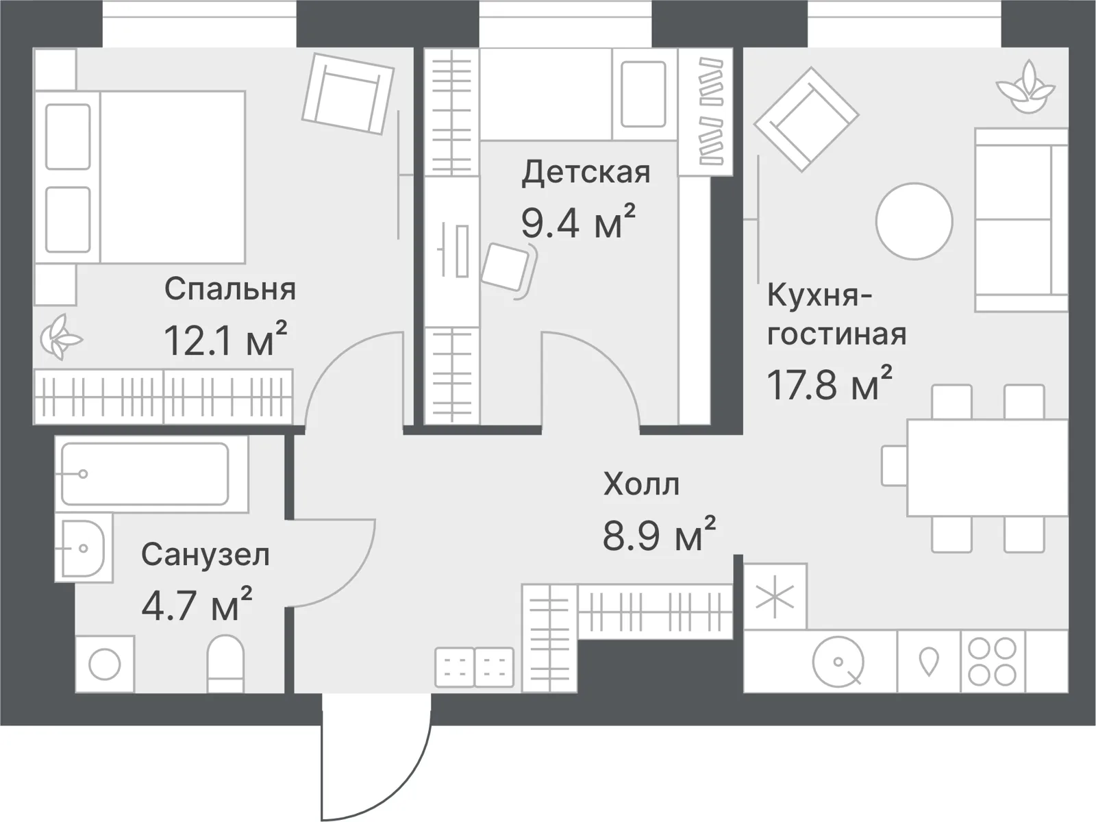 Планировка: Евро 3-комнатная · 52,9 м²
