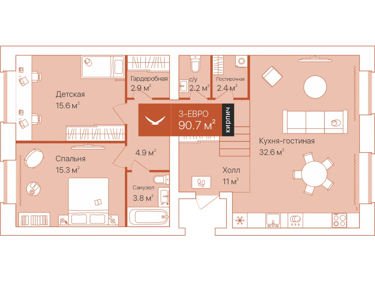 Планировка: Евро 3-комнатная · 90,7 м²