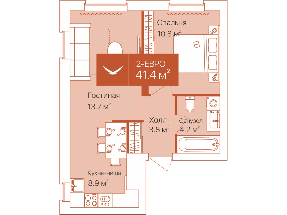 Планировка: Евро 2-комнатная · 41,4 м²