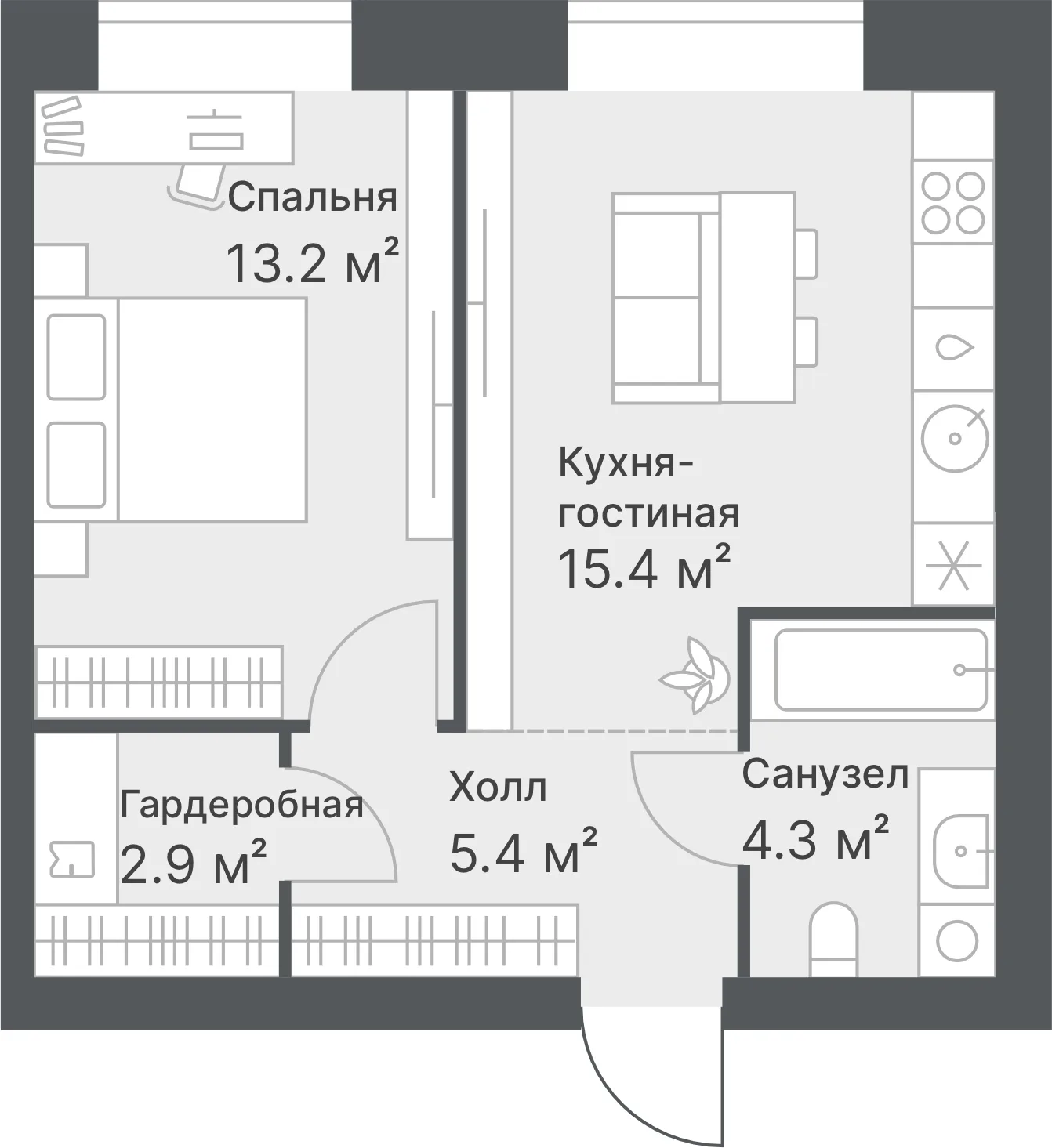 Планировка: Евро 2-комнатная · 41,2 м²