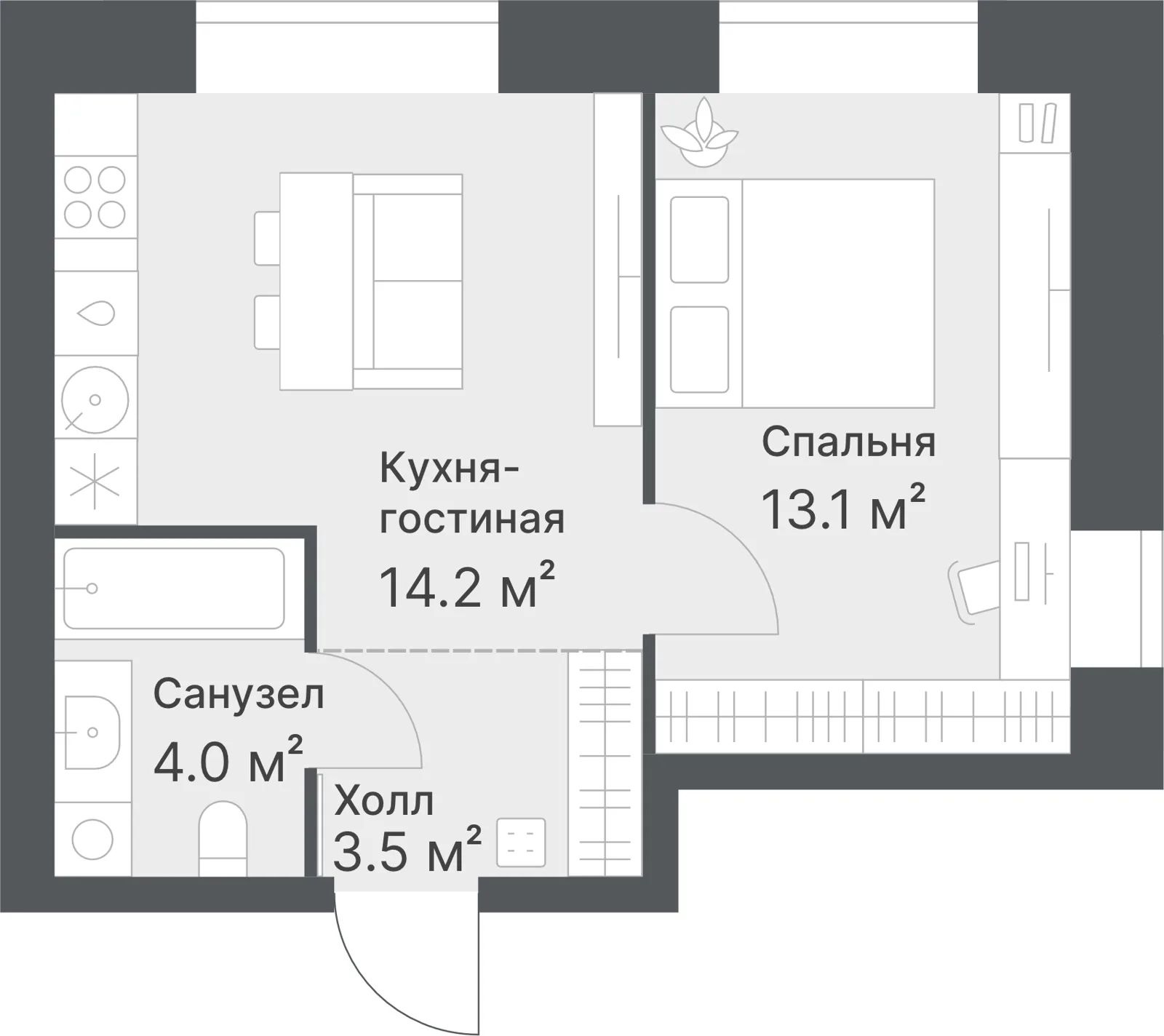 Планировка: Евро 2-комнатная · 34,8 м²