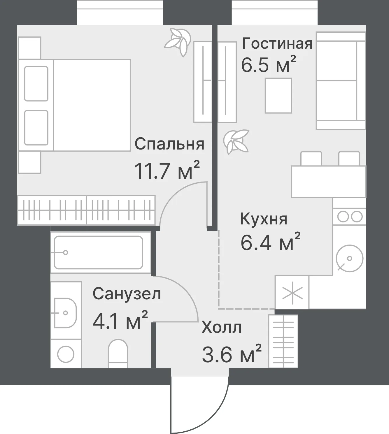 Планировка: Евро 2-комнатная · 32,1 м²