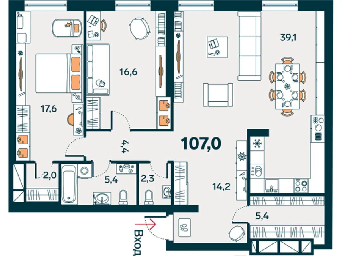 Планировка: Евро 3-комнатная · 107 м²