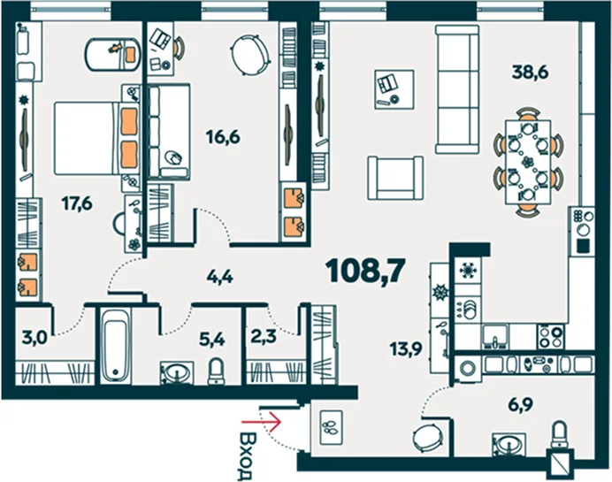 Планировка: Евро 3-комнатная · 108,7 м²