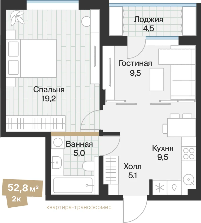 Планировка: 2-комнатная · 50,54 м²