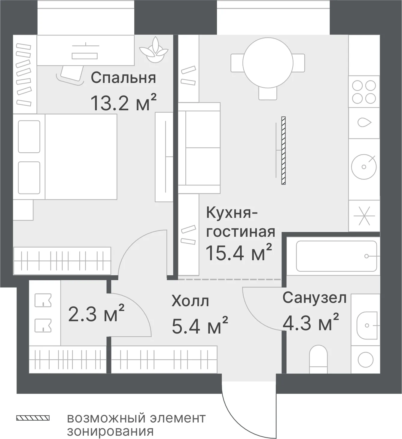 Планировка: Евро 2-комнатная · 40,6 м²