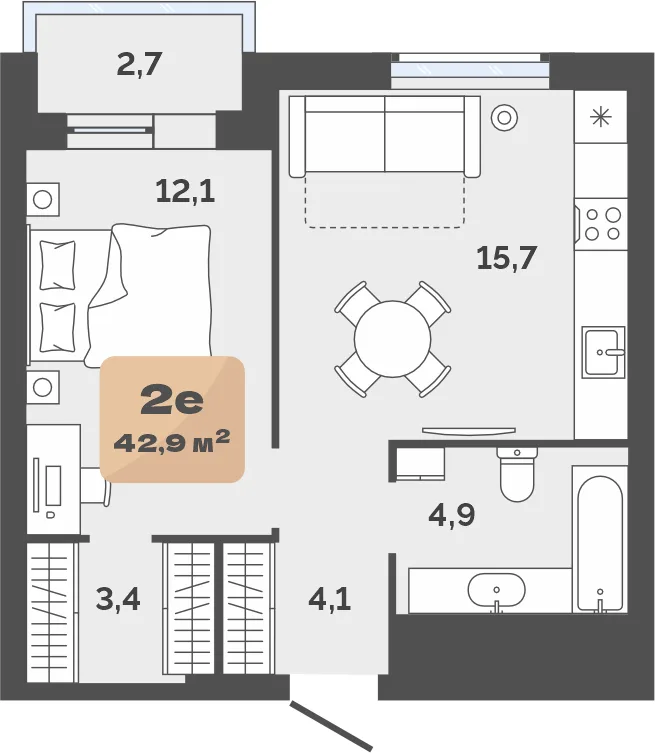 Планировка: Евро 2-комнатная · 41,55 м²