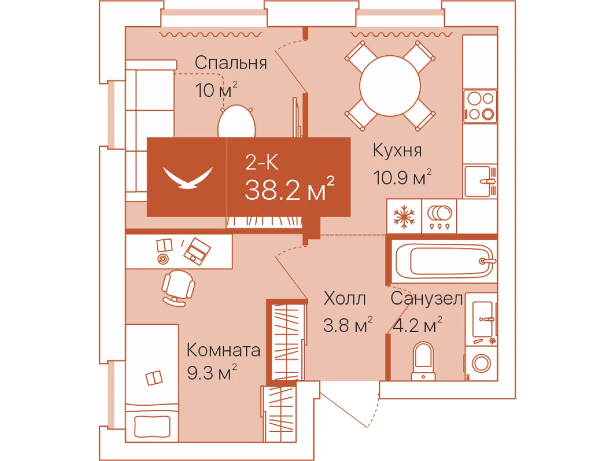 Планировка: 2-комнатная · 38,2 м²
