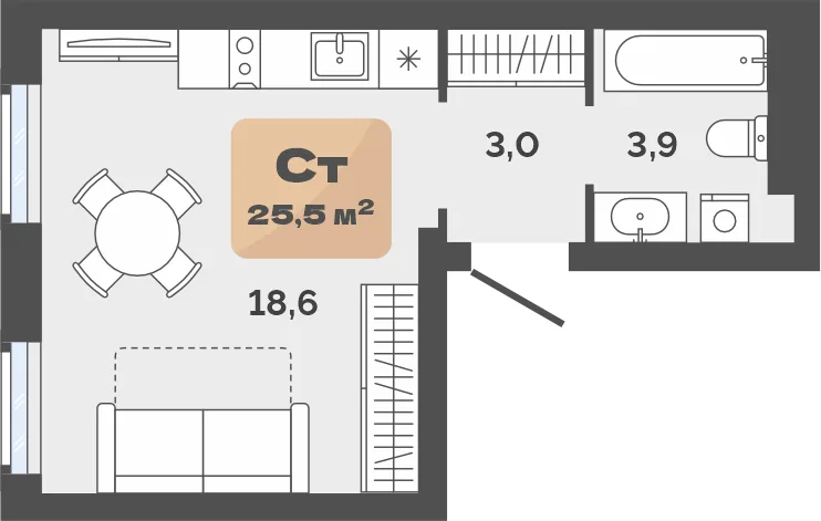 Планировка: Студия · 25,5 м²