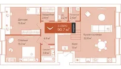 Планировка Евротрёшка 90,7 м², ЖК Дом на Большой Спасской