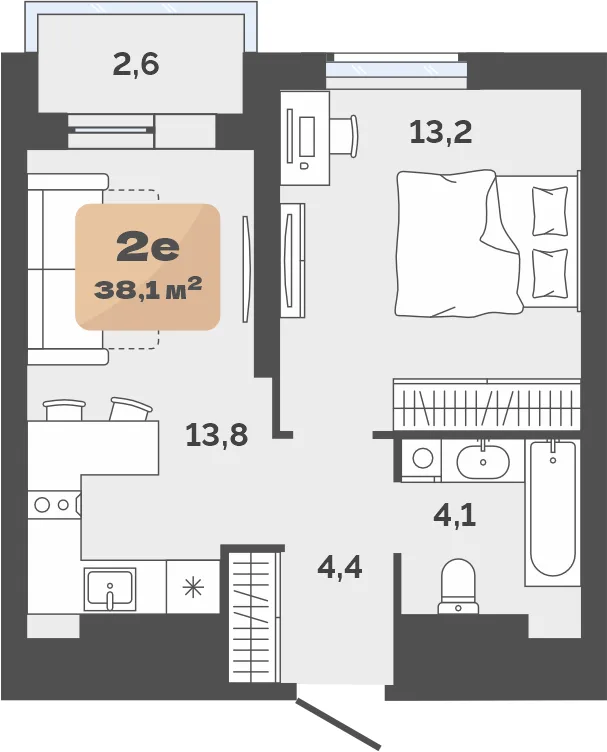 Планировка: Евро 2-комнатная · 35,5 м²