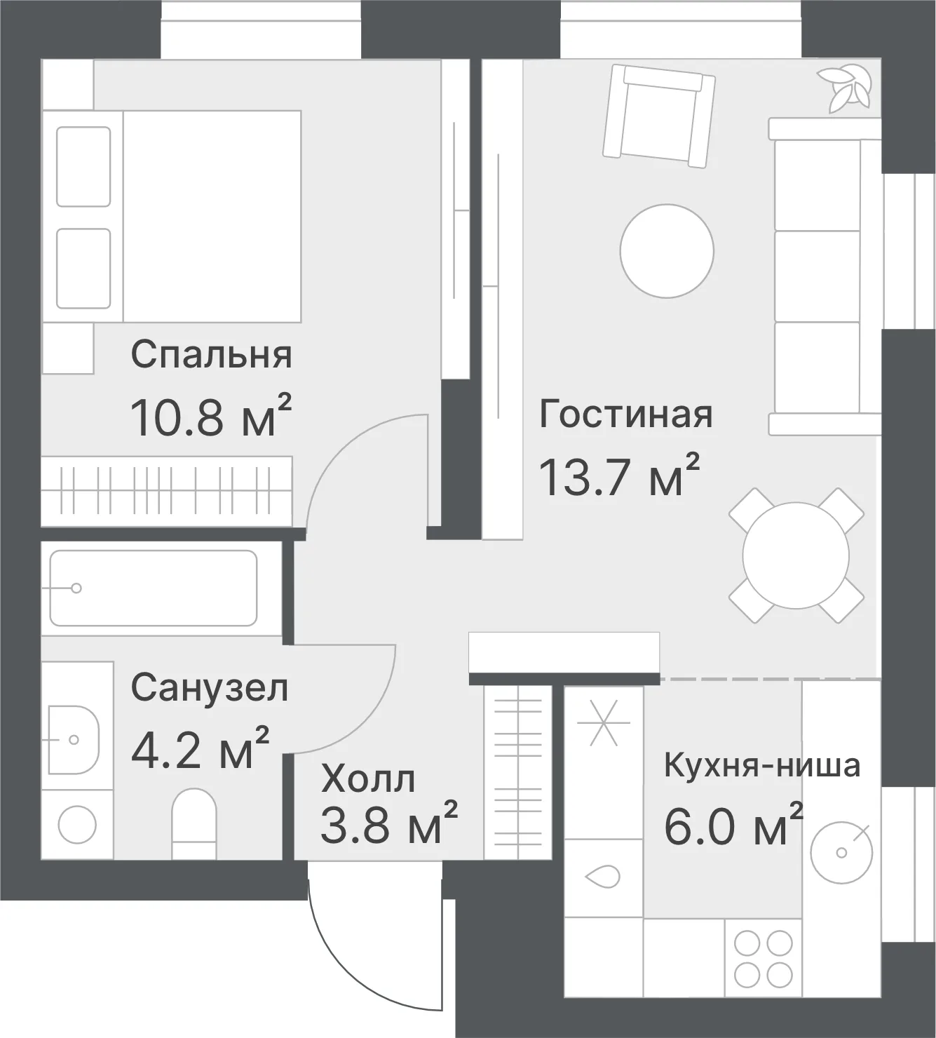 Планировка: Евро 2-комнатная · 38,5 м²