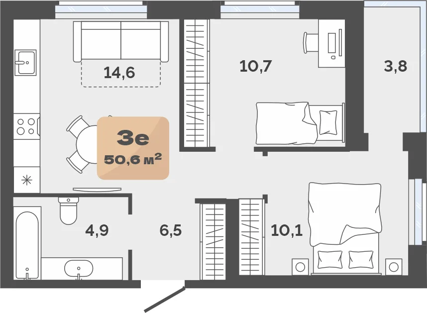 Планировка: Евро 3-комнатная · 46,8 м²