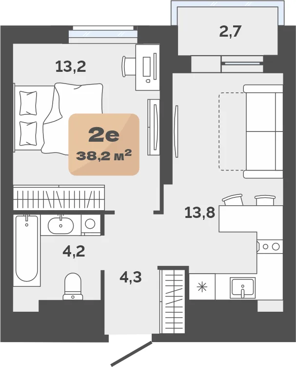 Планировка: Евро 2-комнатная · 36,85 м²