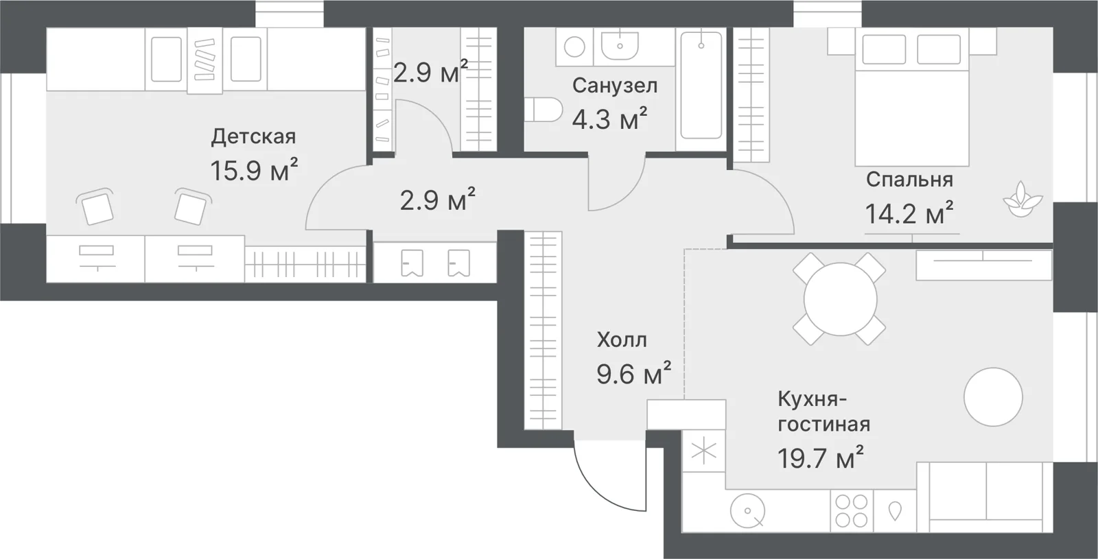 Планировка: Евро 3-комнатная · 69,5 м²