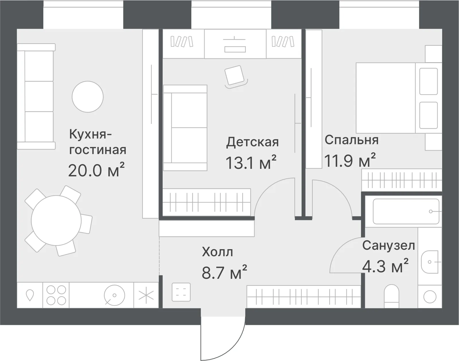 Планировка: Евро 3-комнатная · 58 м²