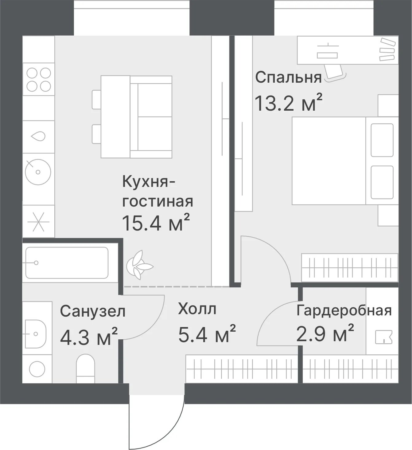 Планировка: Евро 2-комнатная · 41,2 м²
