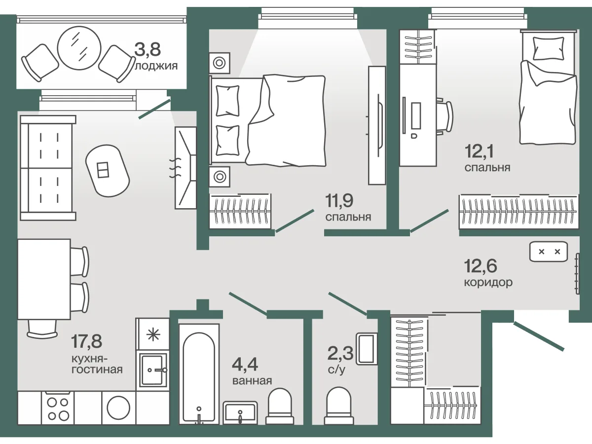 Планировка: Евро 3-комнатная · 63,18 м²
