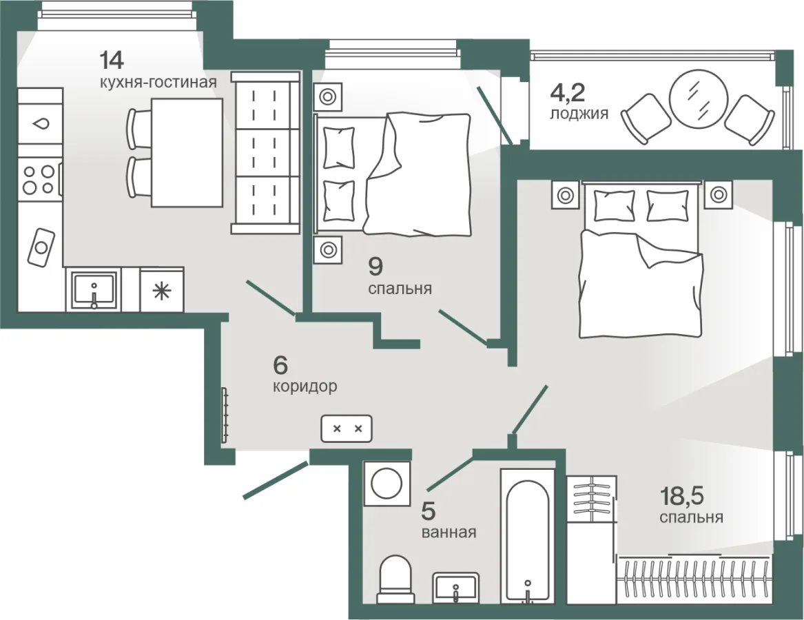 Планировка: Евро 3-комнатная · 54,58 м²