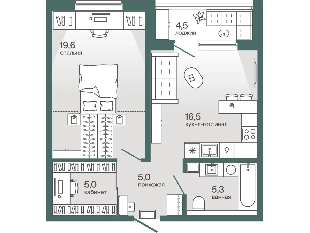 Планировка: Евро 2-комнатная · 53,65 м²