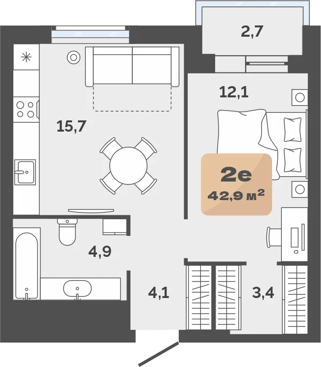Планировка: Евро 2-комнатная · 41,55 м²