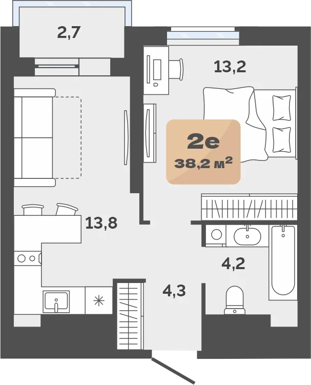 Планировка: Евро 2-комнатная · 36,85 м²