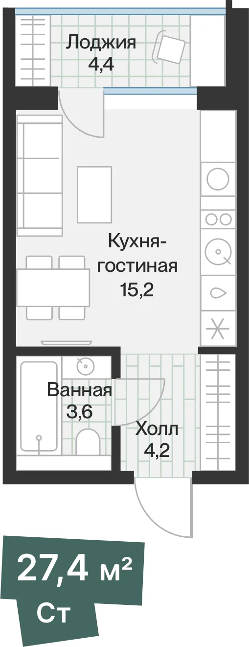Планировка: Студия · 25,19 м²