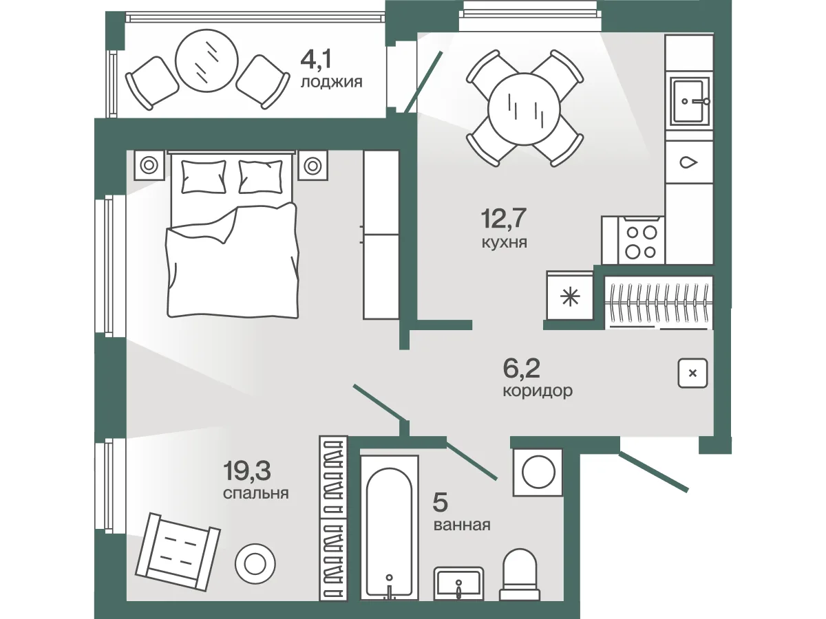 Планировка: 1-комнатная · 45,3 м²