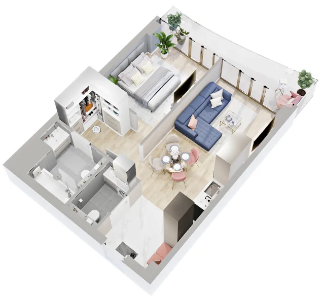 Апартамент 2E · 51,1 м²: вид с меблировкой