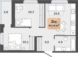 Планировка: евротрёшка 46,8 м² — ЖК Баланс