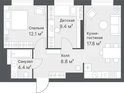 Планировка: евротрёшка 52,5 м² - ЖК Дружеский