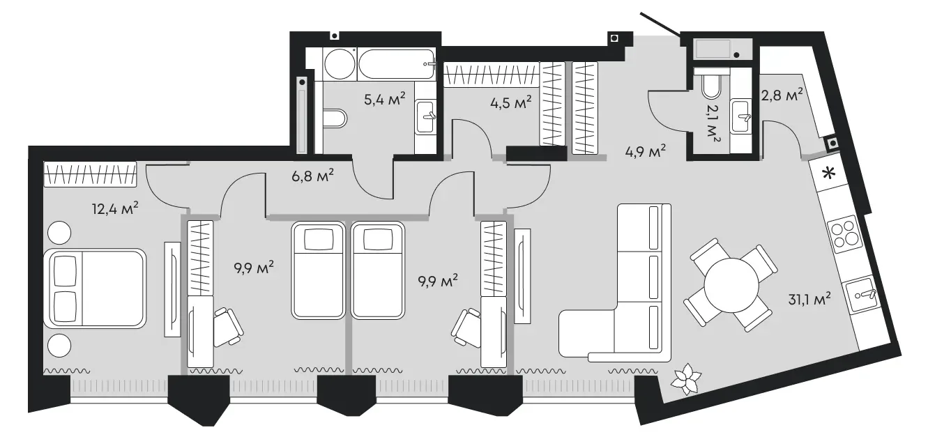 Планировка: евро-четырёшка 89,8 м² - ЖК Челюскинцев, 5