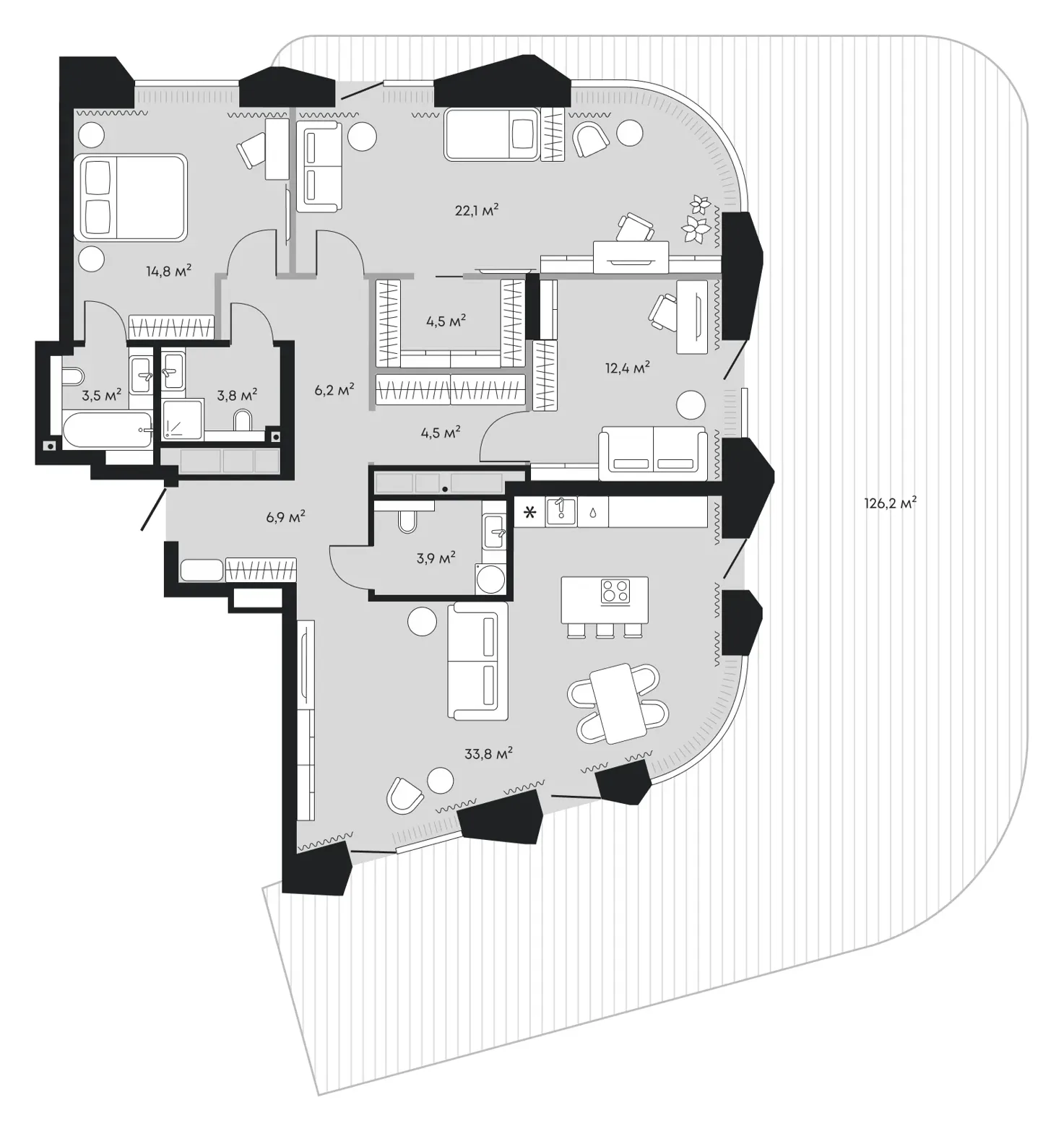 Планировка: евро-четырёшка 242,4 м² - ЖК Челюскинцев, 5