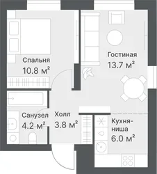 Планировка: евродвушка 38,2 м² - ЖК Дружеский